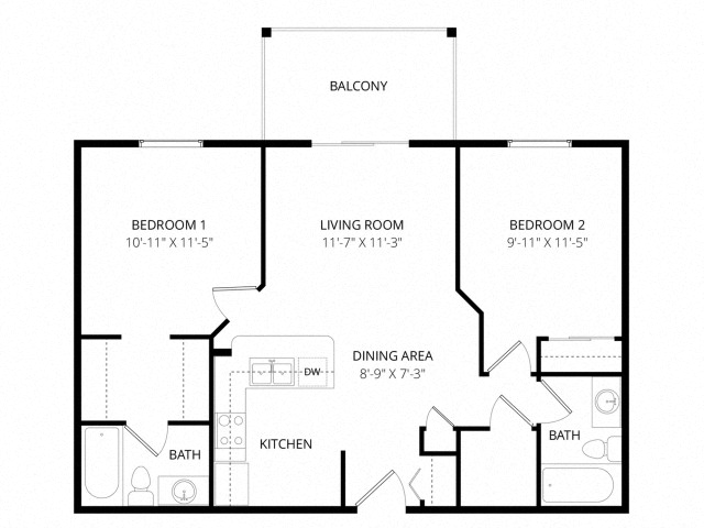 Floor plan for 2 beds, 2 baths, 782 sqft